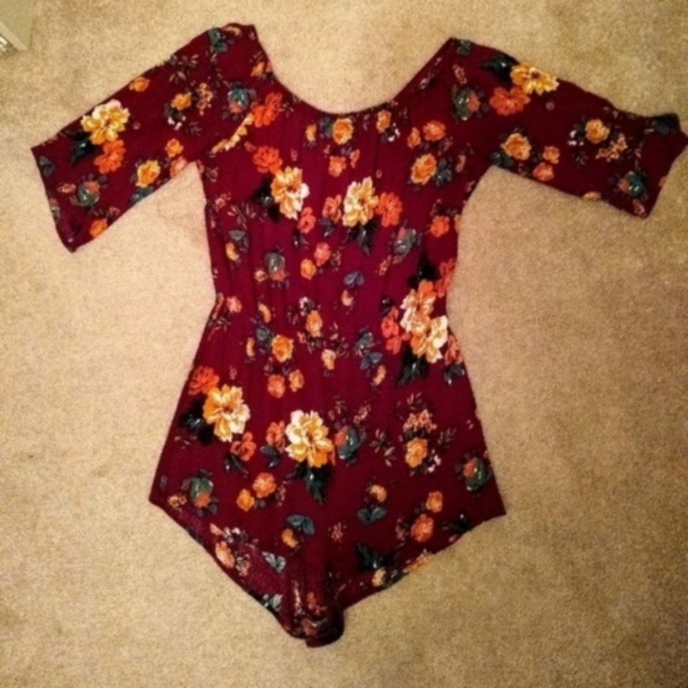 Papaya Burgundy Floral Off Shoulder Rayon Romper M